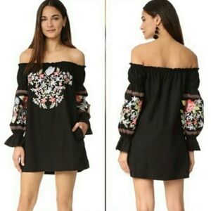Free People Black Fleur Du Jour Floral Embroidered Off Shoulder Dress Sz XS Boho